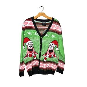 SpongeBob SquarePants Patrick Star Ugly Christmas Cardigan Sweater Green Mens M